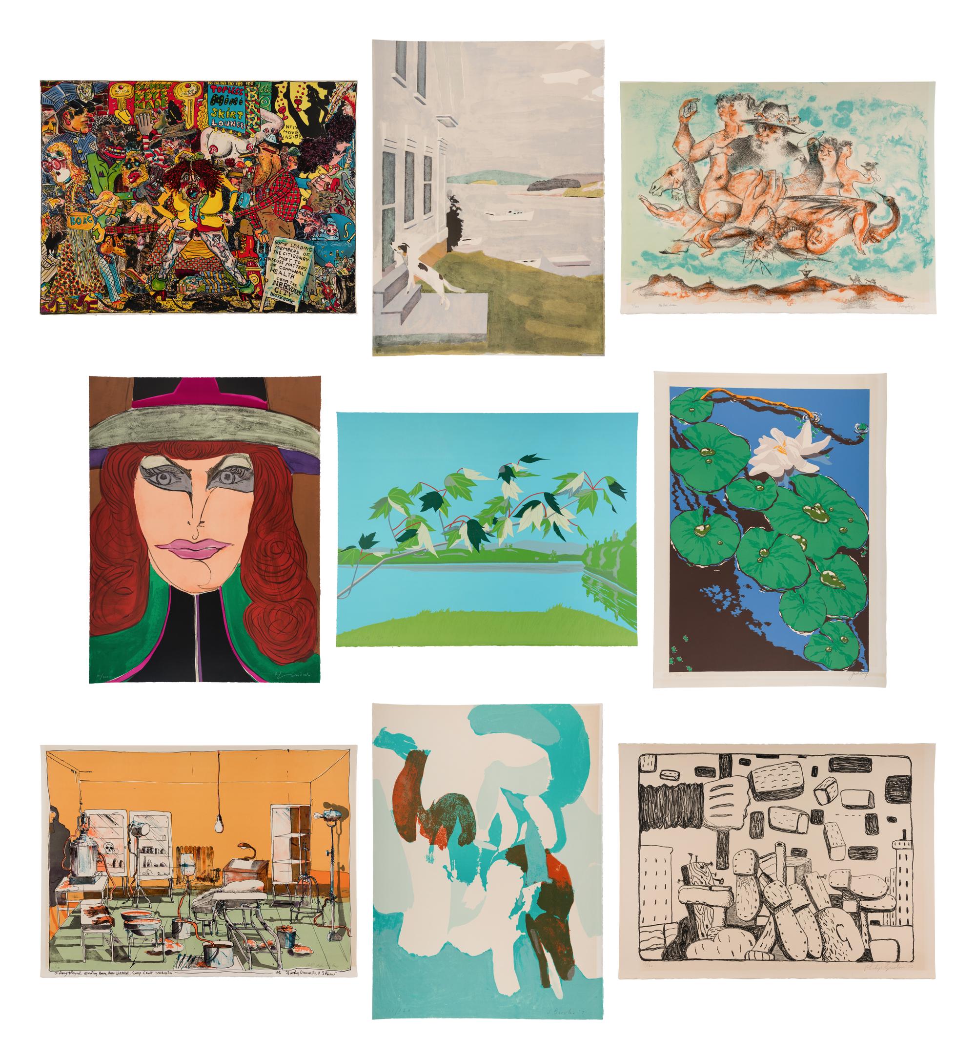 9 Plates from Ten Lithographs by Ten Artists Including works by Alex Katz, Jack Beal, Fairfield Porter, James Brooks, Red Grooms, Chaim Gross, Philip Guston, Richard Lindner, and Robert Andrew Park.