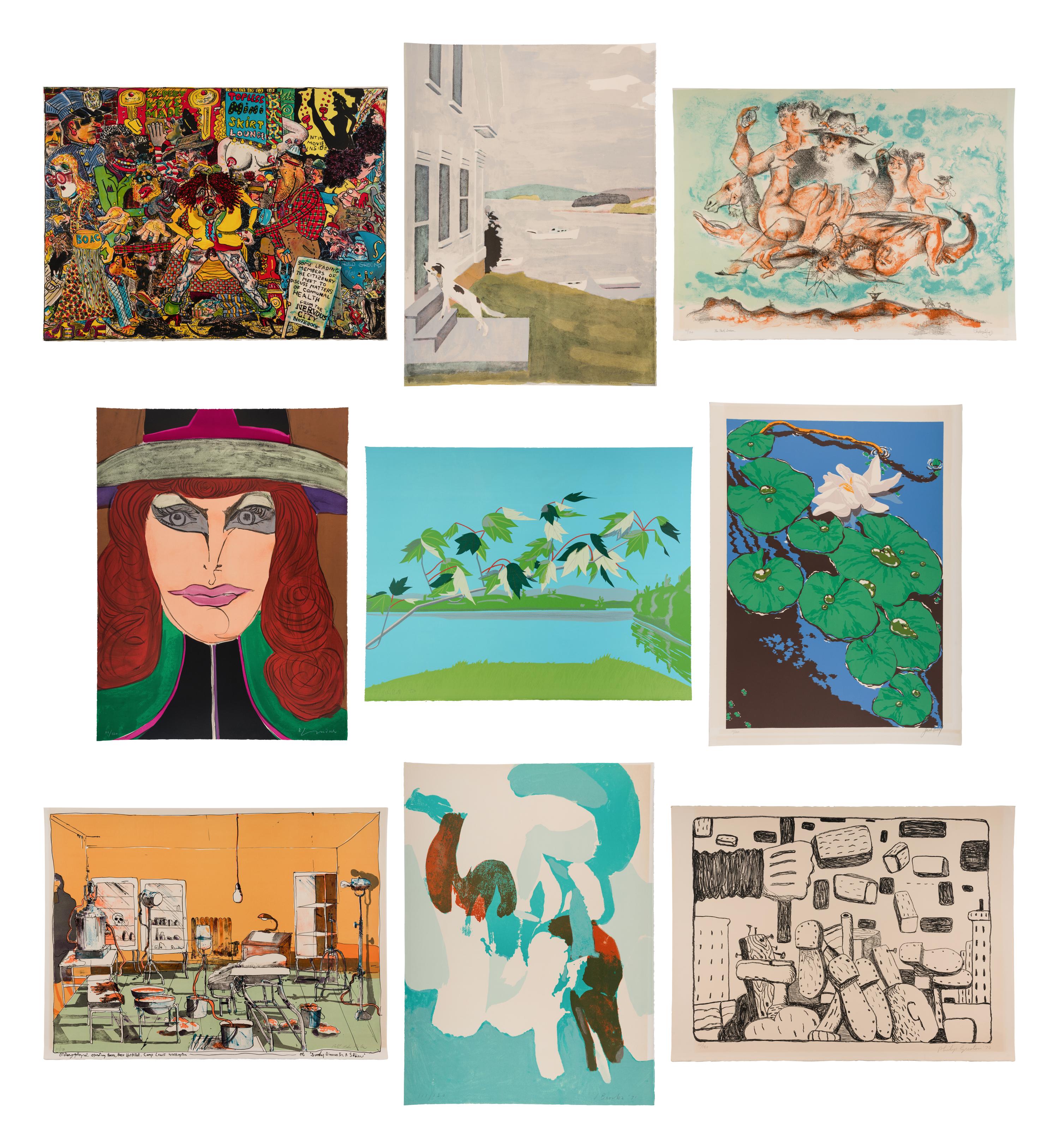 9 Plates from Ten Lithographs by Ten Artists Including works by Alex Katz, Jack Beal, Fairfield Porter, James Brooks, Red Grooms, Chaim Gross, Philip Guston, Richard Lindner, and Robert Andrew Park.