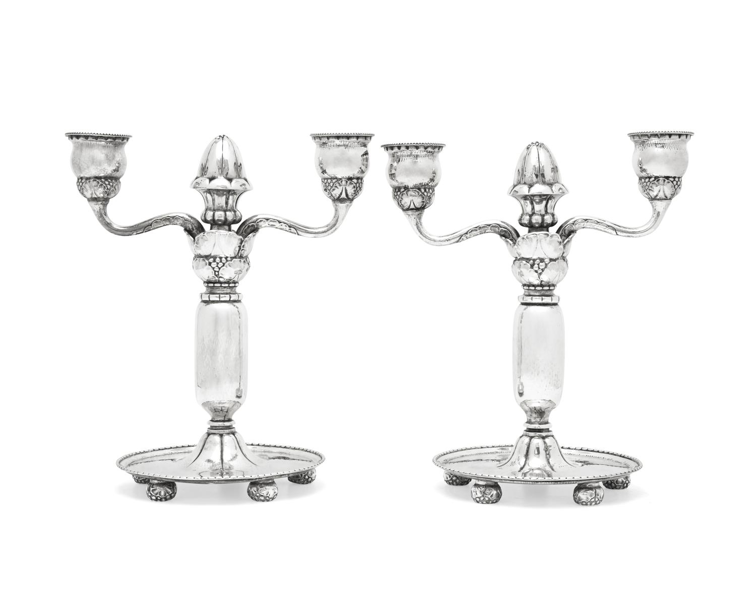 A Pair of Georg Jensen Silver Two-Light Candelabra