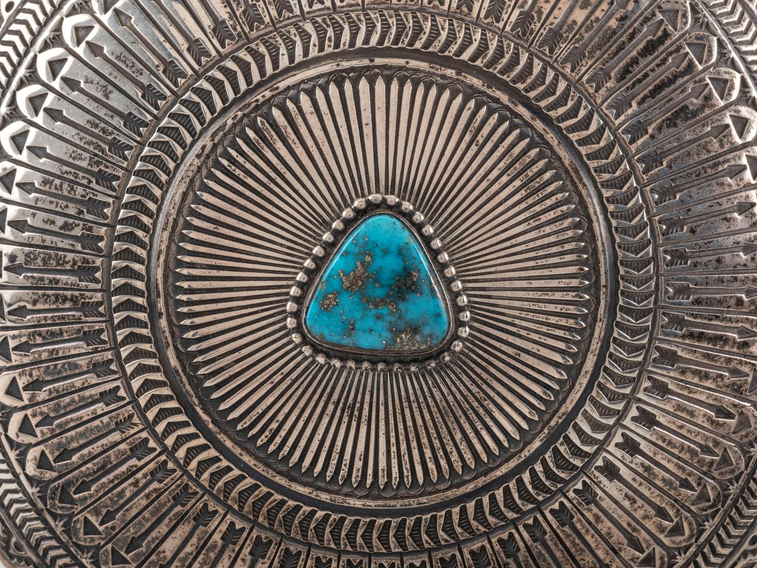 Heavily Stamped Sterling Silver Canteen, with a Morenci Turquoise Cabochon