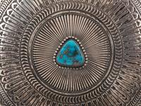 Heavily Stamped Sterling Silver Canteen, with a Morenci Turquoise Cabochon