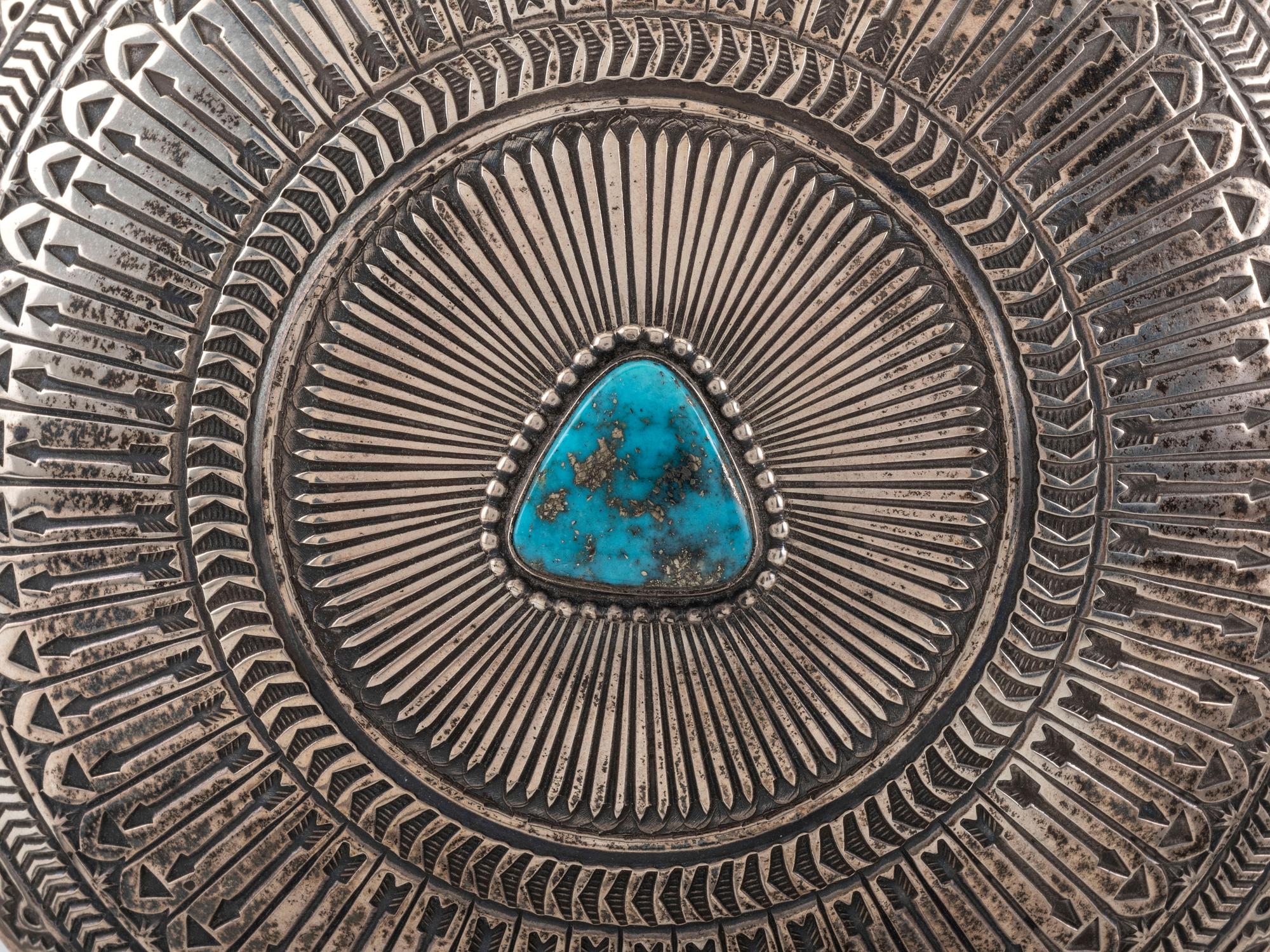 Heavily Stamped Sterling Silver Canteen, with a Morenci Turquoise Cabochon