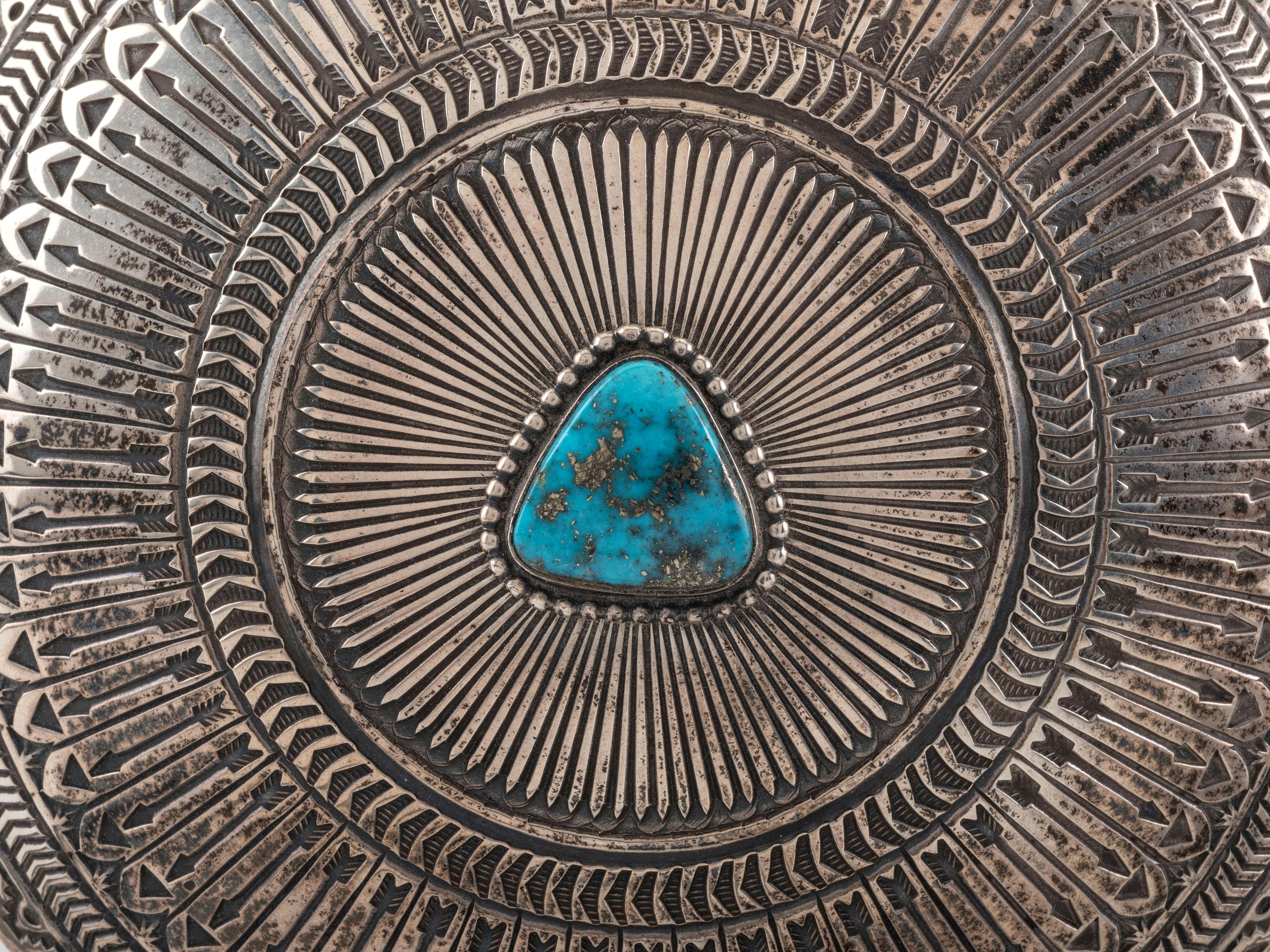 Heavily Stamped Sterling Silver Canteen, with a Morenci Turquoise Cabochon