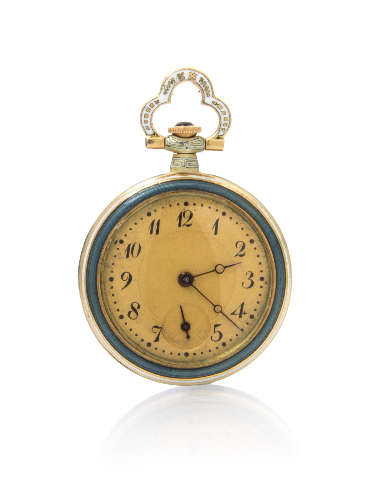 A Yellow Gold, Platinum, Diamond and Polychrome Enamel Open Face Pendant Watch, 11.80 dwts.