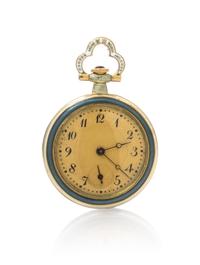 A Yellow Gold, Platinum, Diamond and Polychrome Enamel Open Face Pendant Watch, 11.80 dwts.