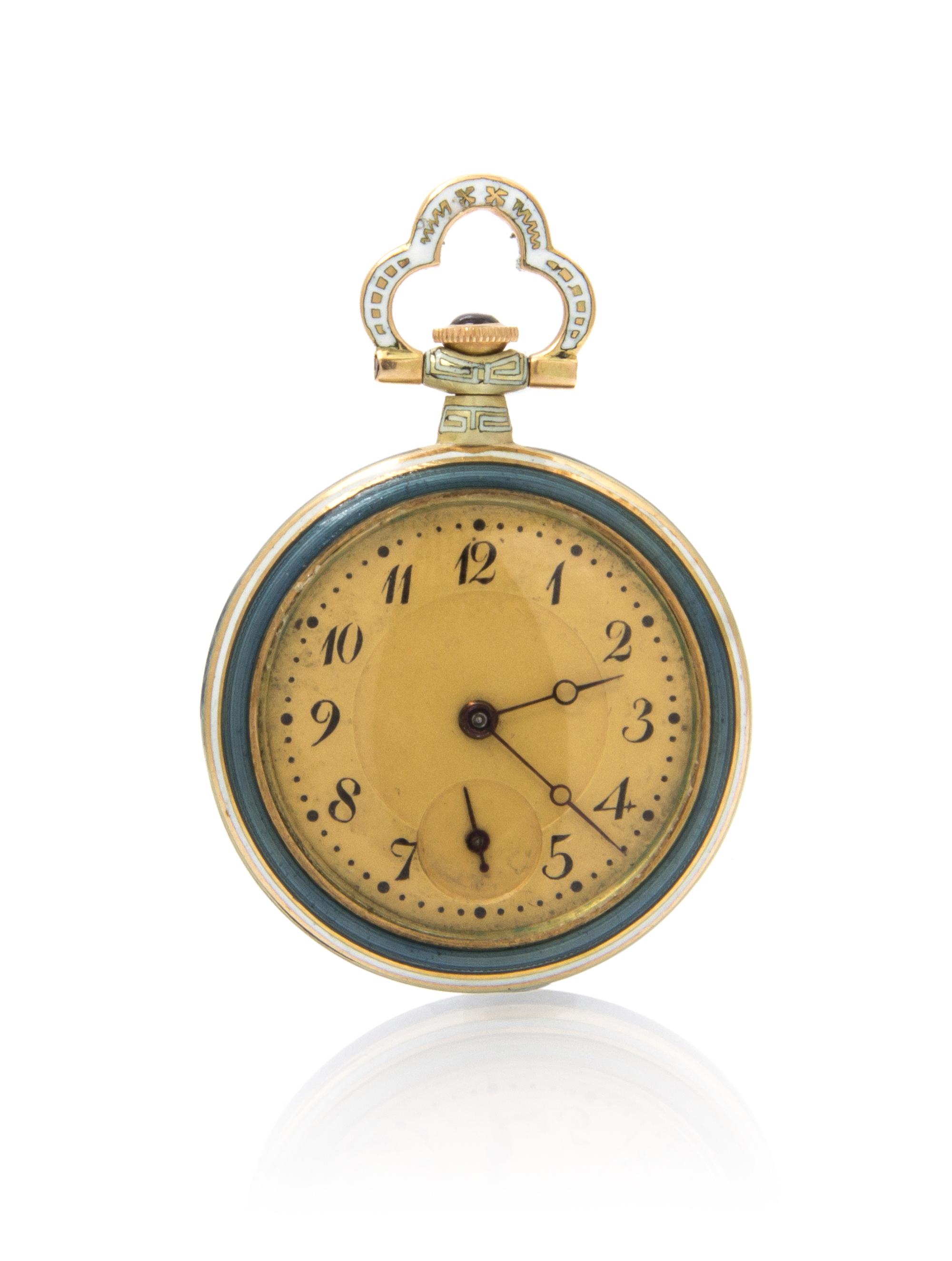 A Yellow Gold, Platinum, Diamond and Polychrome Enamel Open Face Pendant Watch, 11.80 dwts.