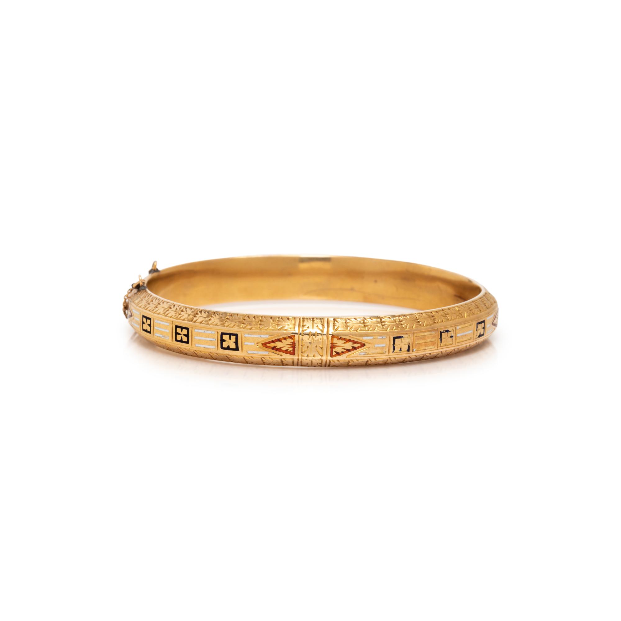 ANTIQUE, YELLOW GOLD AND ENAMEL BANGLE BRACELET