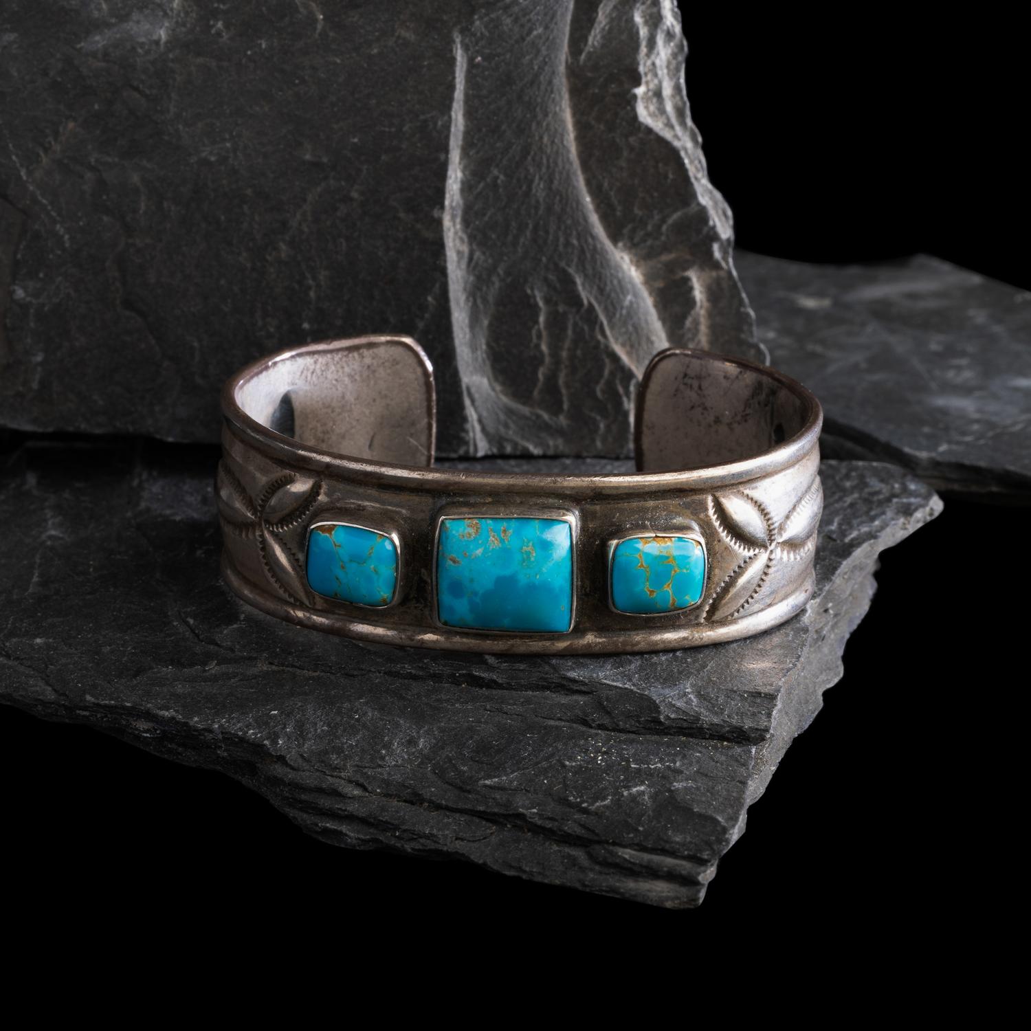 Navajo Ingot and Turquoise Cuff Bracelet