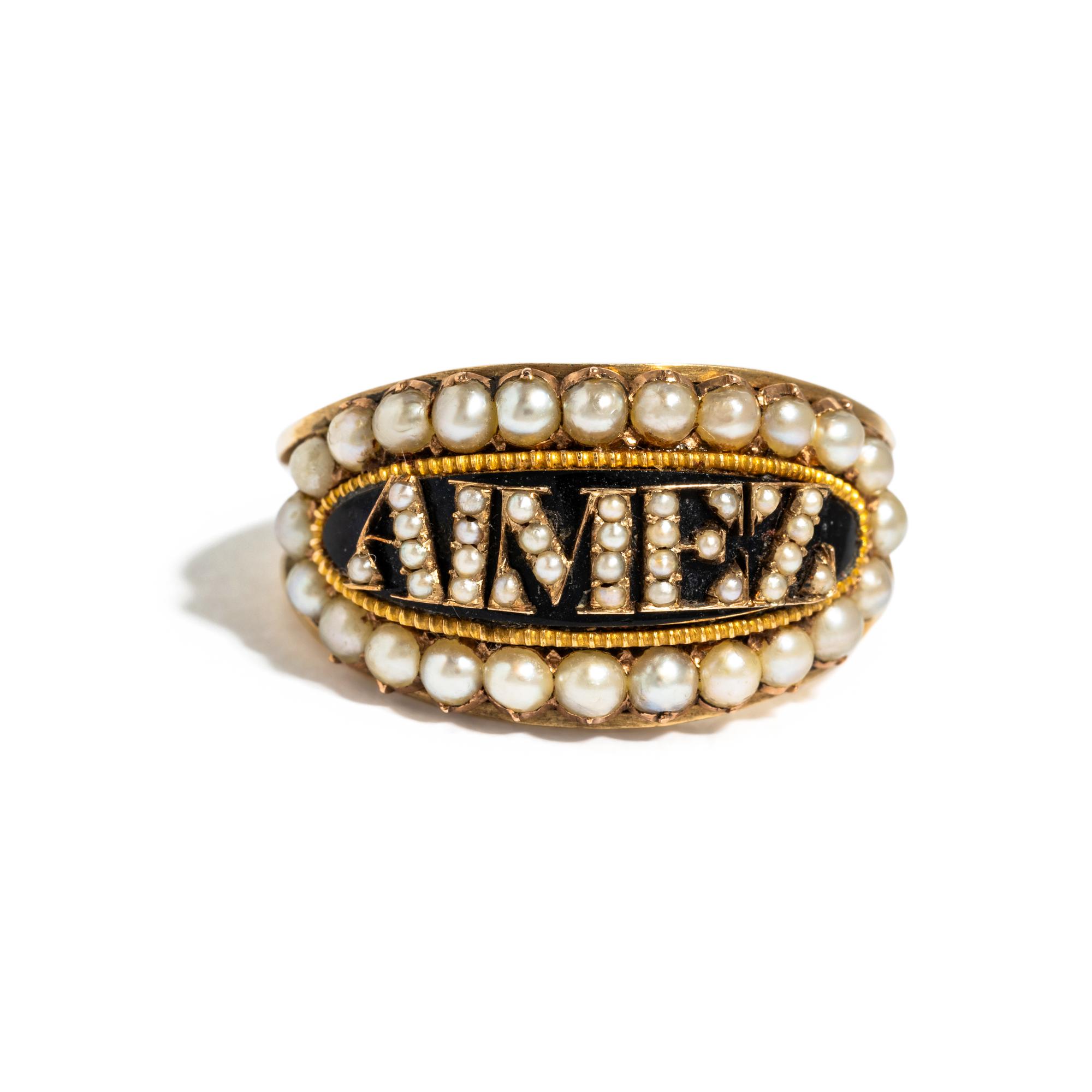 VICTORIAN, 'AIMEZ' ONYX AND SEED PEARL RING