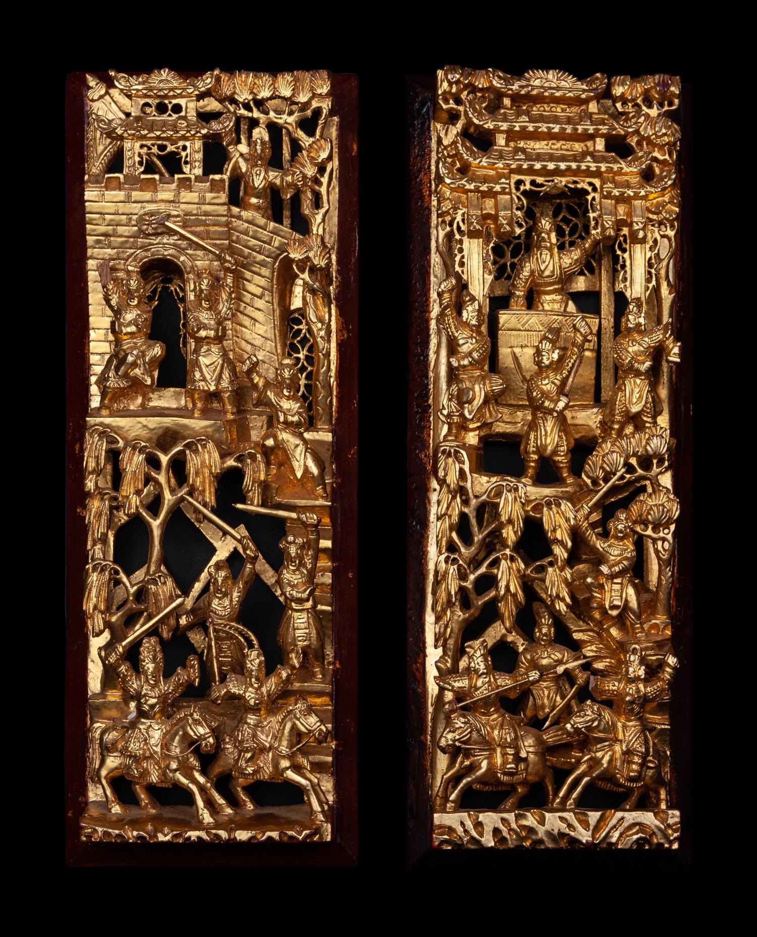 A Pair of Chinese Gilt and Red Lacquered Wood Panels