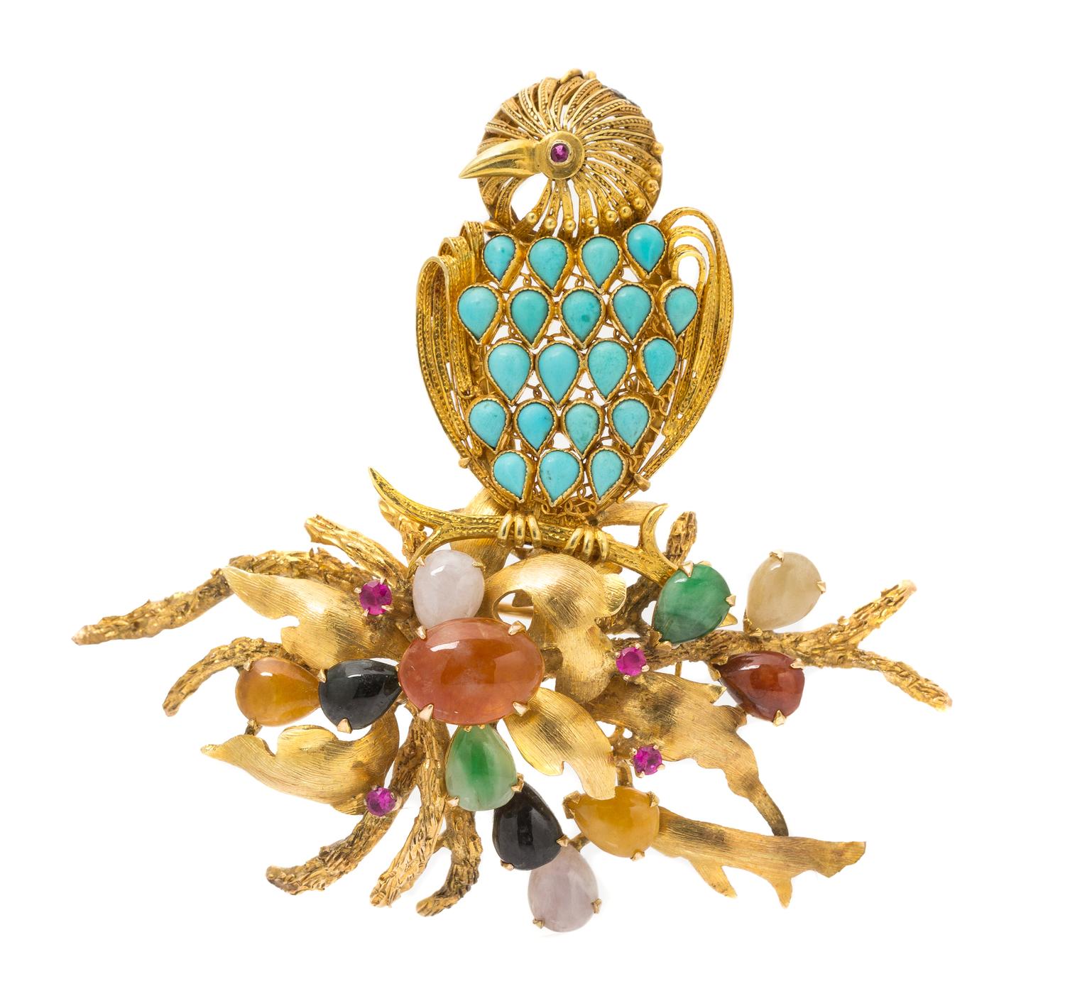 A Vintage Yellow Gold, Turquoise, Jade and Ruby Brooch, 23.15 dwts.