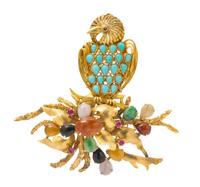 A Vintage Yellow Gold, Turquoise, Jade and Ruby Brooch, 23.15 dwts.