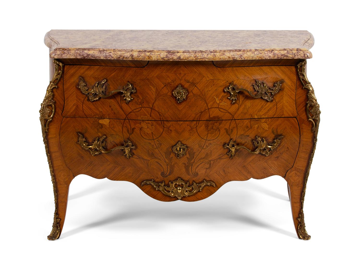 A Louis XV Style Gilt Bronze Mounted Marquetry Commode