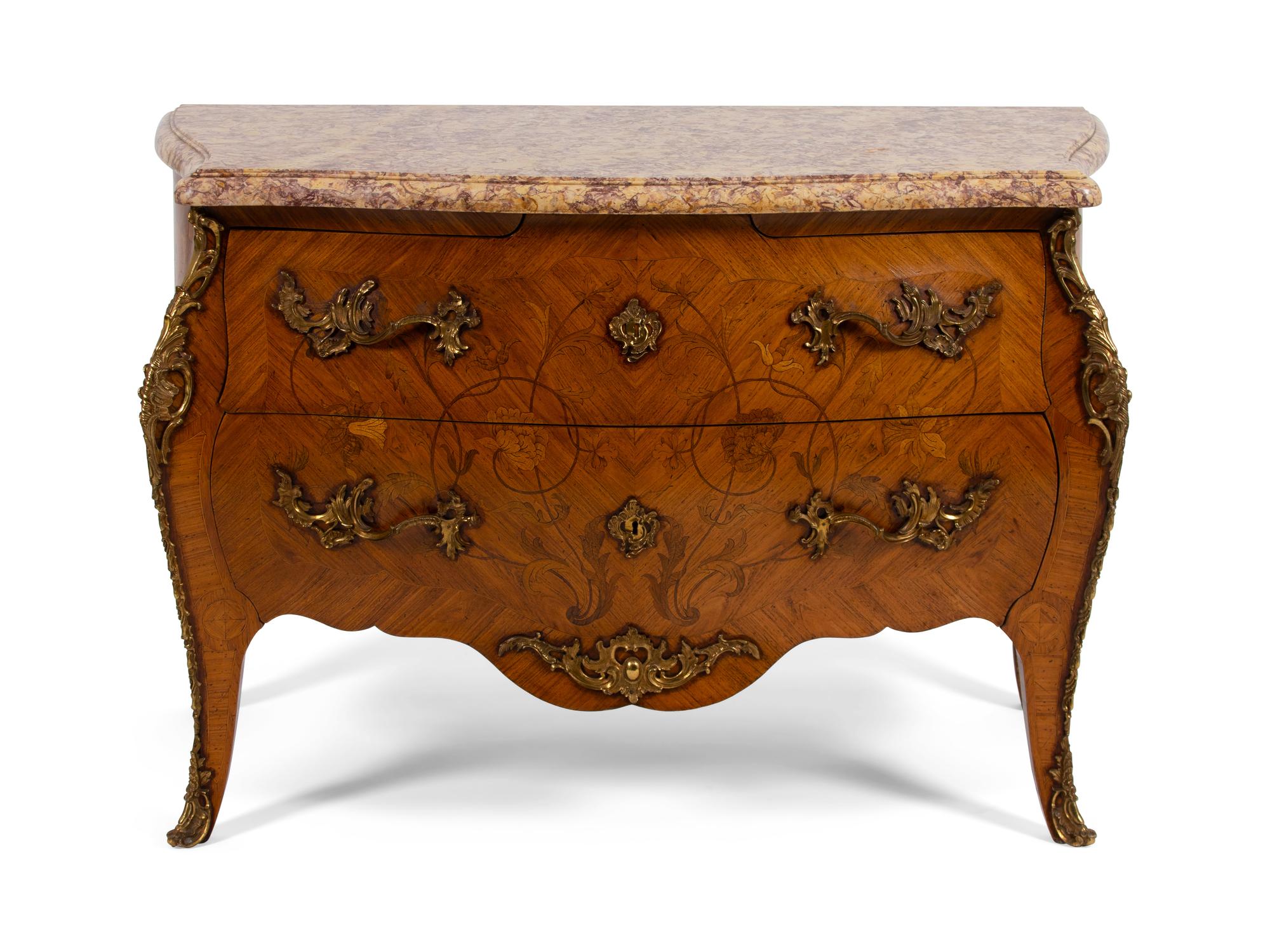 A Louis XV Style Gilt Bronze Mounted Marquetry Commode