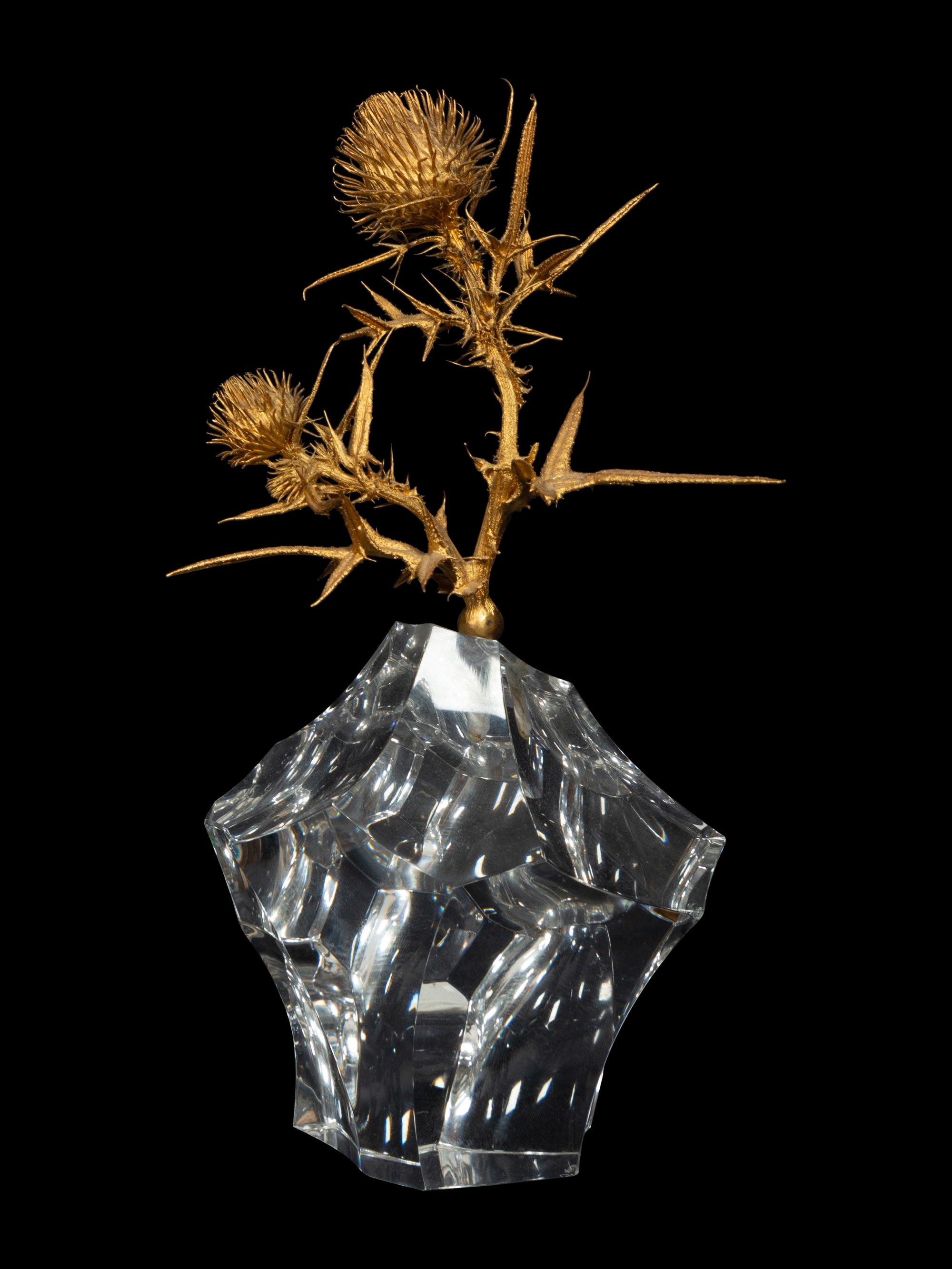 A Steuben Glass and Gold Vermeil Thistle Rock Sculpture