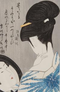 A Japanese Woodblock Ukiyo-E Print, Utamaro (1753-1806) Height of image 11 3/8 x width 7 1/2 inches.