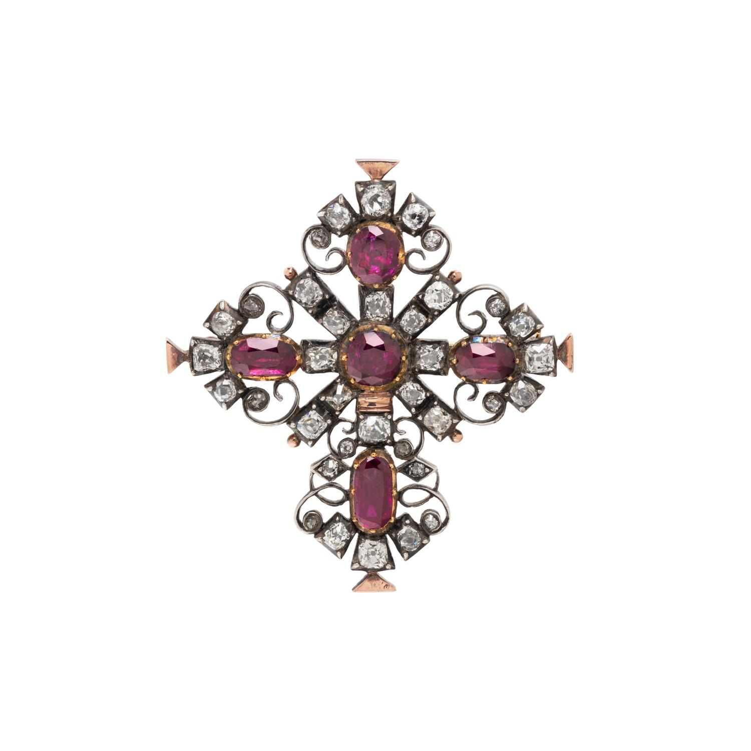 SILVER-TOPPED GOLD, FOIL-BACKED RUBY AND DIAMOND PENDANT/BROOCH,