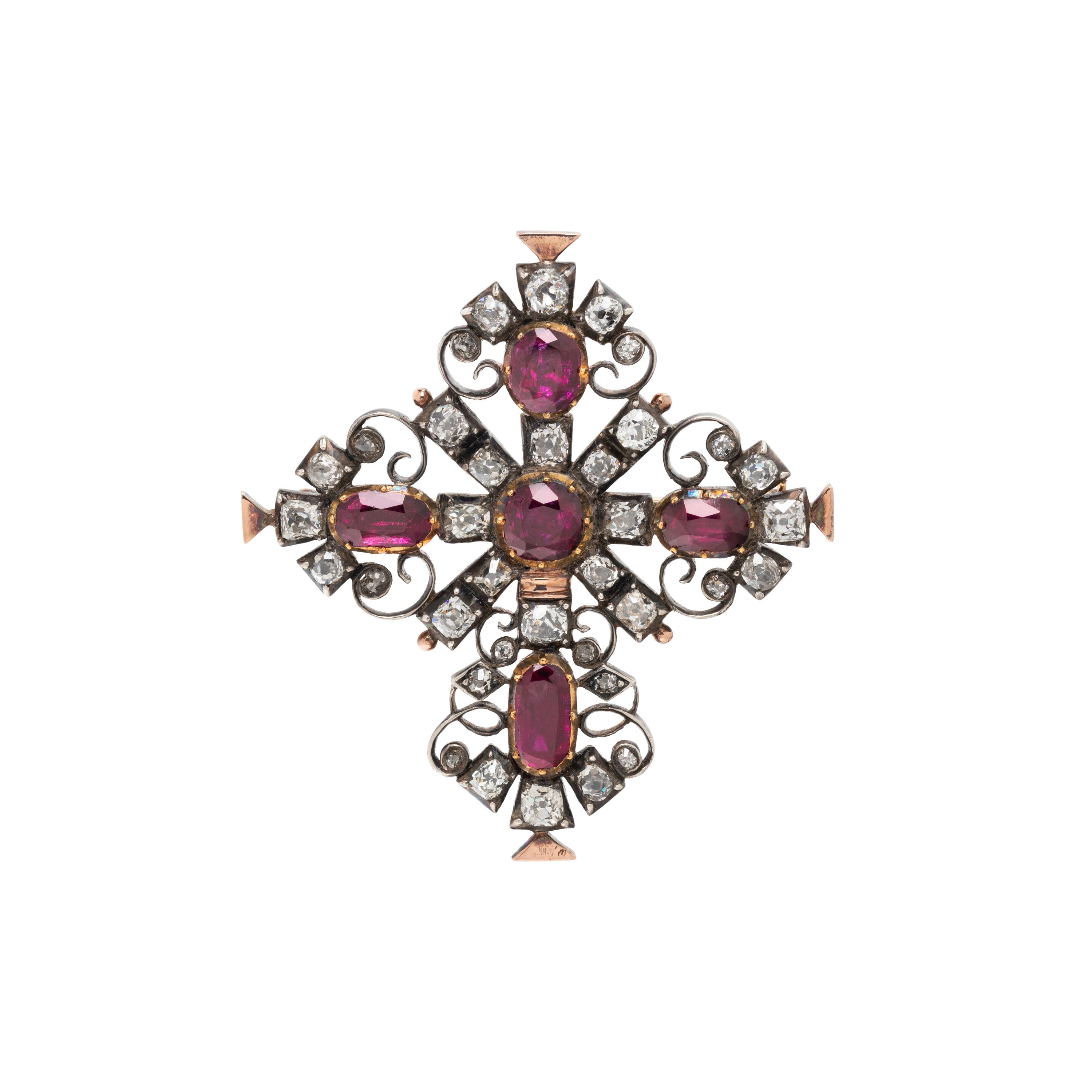 SILVER-TOPPED GOLD, FOIL-BACKED RUBY AND DIAMOND PENDANT/BROOCH,