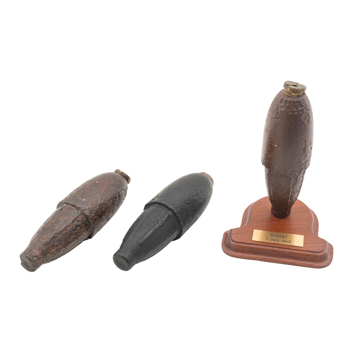 Two Excavated Civil War Schenkl Shells & A Reproduction Display Schenkl