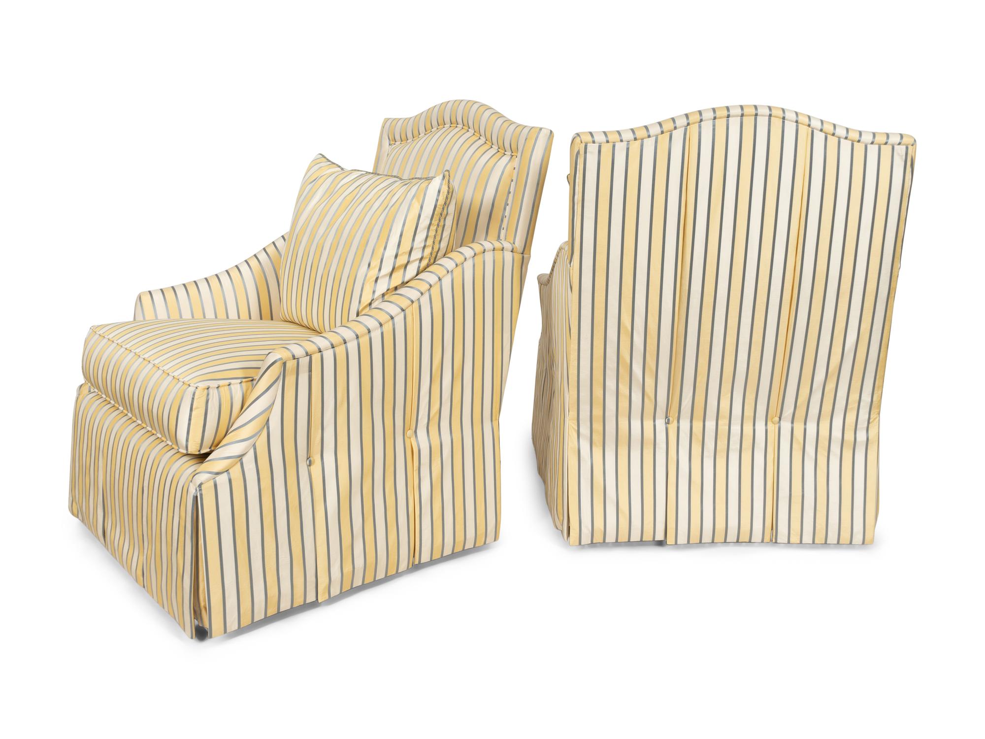 A Pair of Marge Carson Striped Silk-Upholstered Lounge Chairs with Scalamandré Upholstery