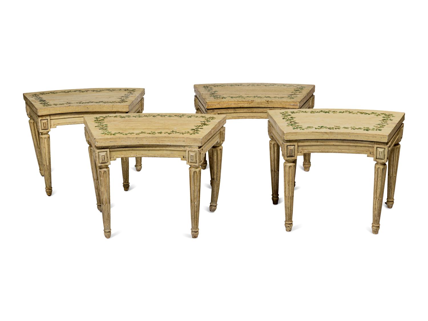A Set of Four Louis XVI Cream and Polychrome Decorated Curved Window Benches