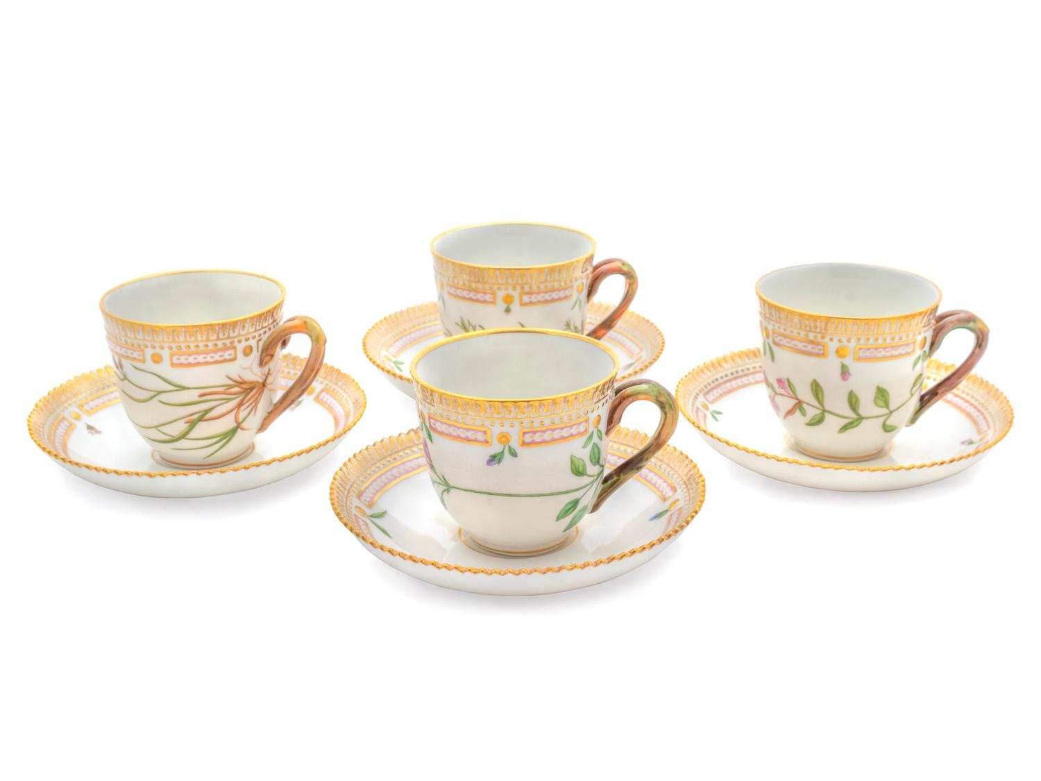 A Group of Four Royal Copenhagen Flora Danica Teacups and Saucers — 20TH CENTURY