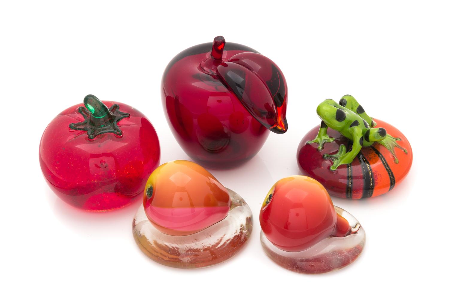 A Group of Five Glass Paperweights Height of tallest 4 inches