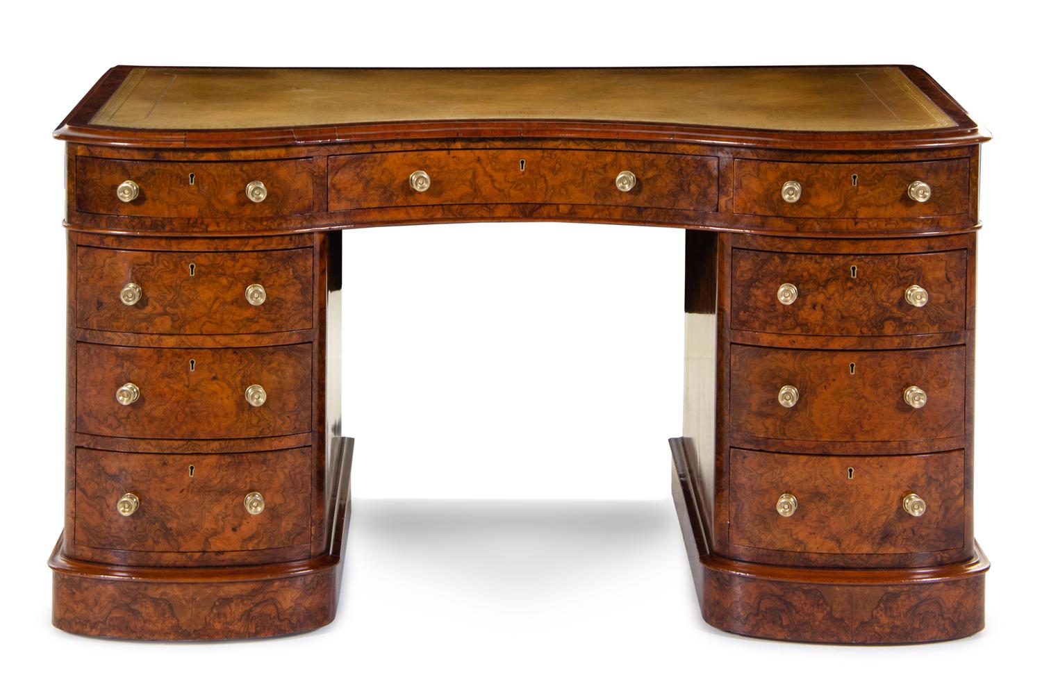 An English Burl Walnut Pedestal Desk Height 29 x width 54 x depth 27 inches. — 19TH CENTURY