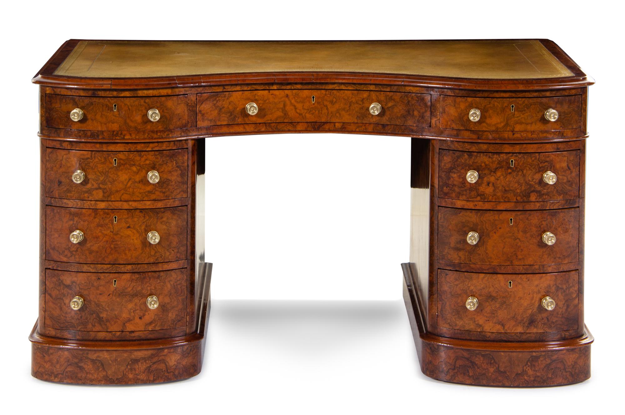 An English Burl Walnut Pedestal Desk Height 29 x width 54 x depth 27 inches. — 19TH CENTURY