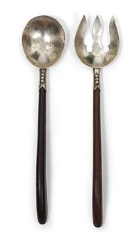 A Mexican Silver and Rosewood Salad Serving Set, Plateria I. Vigueras Length of fork 11 inches.