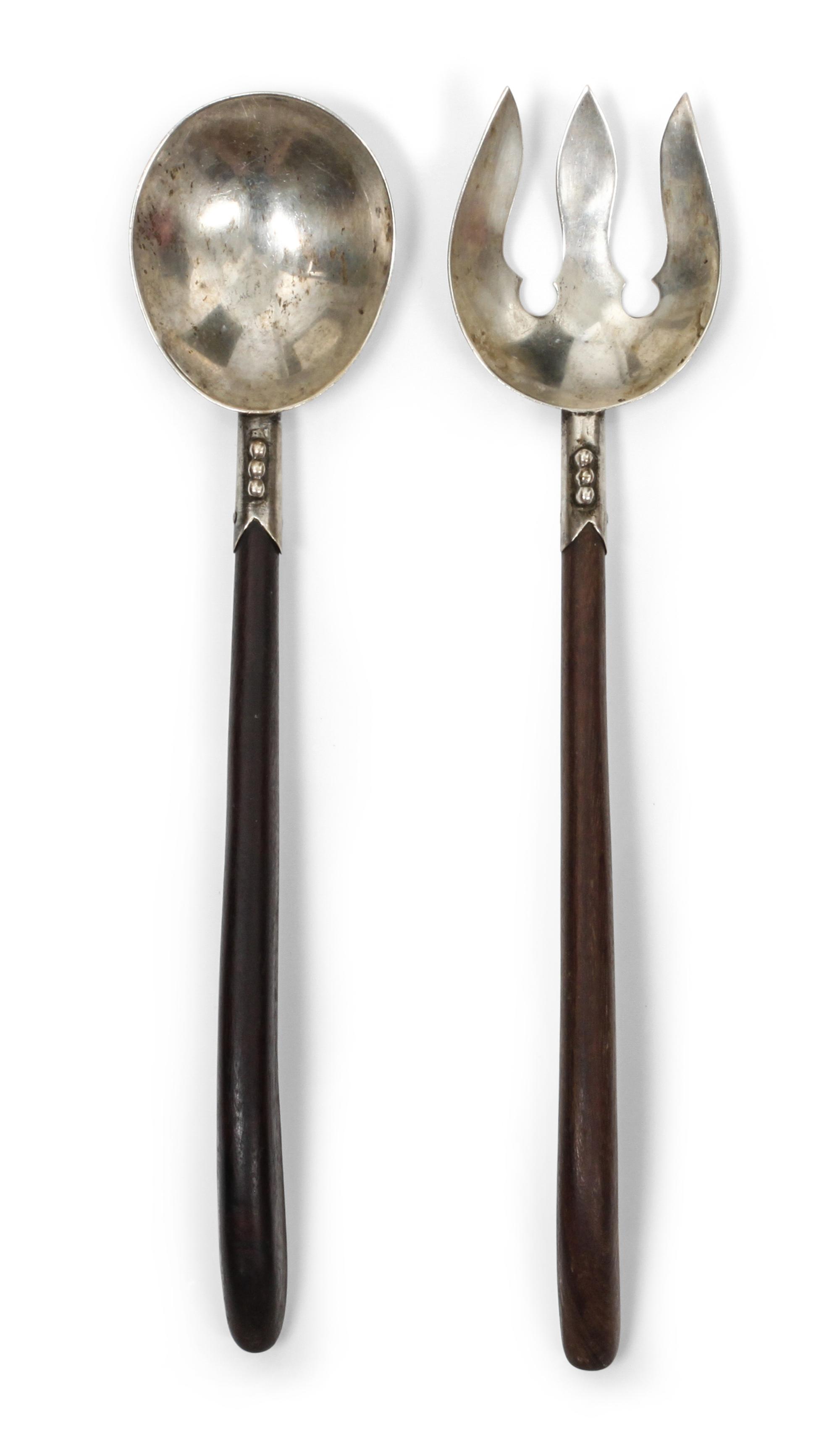 A Mexican Silver and Rosewood Salad Serving Set, Plateria I. Vigueras Length of fork 11 inches.