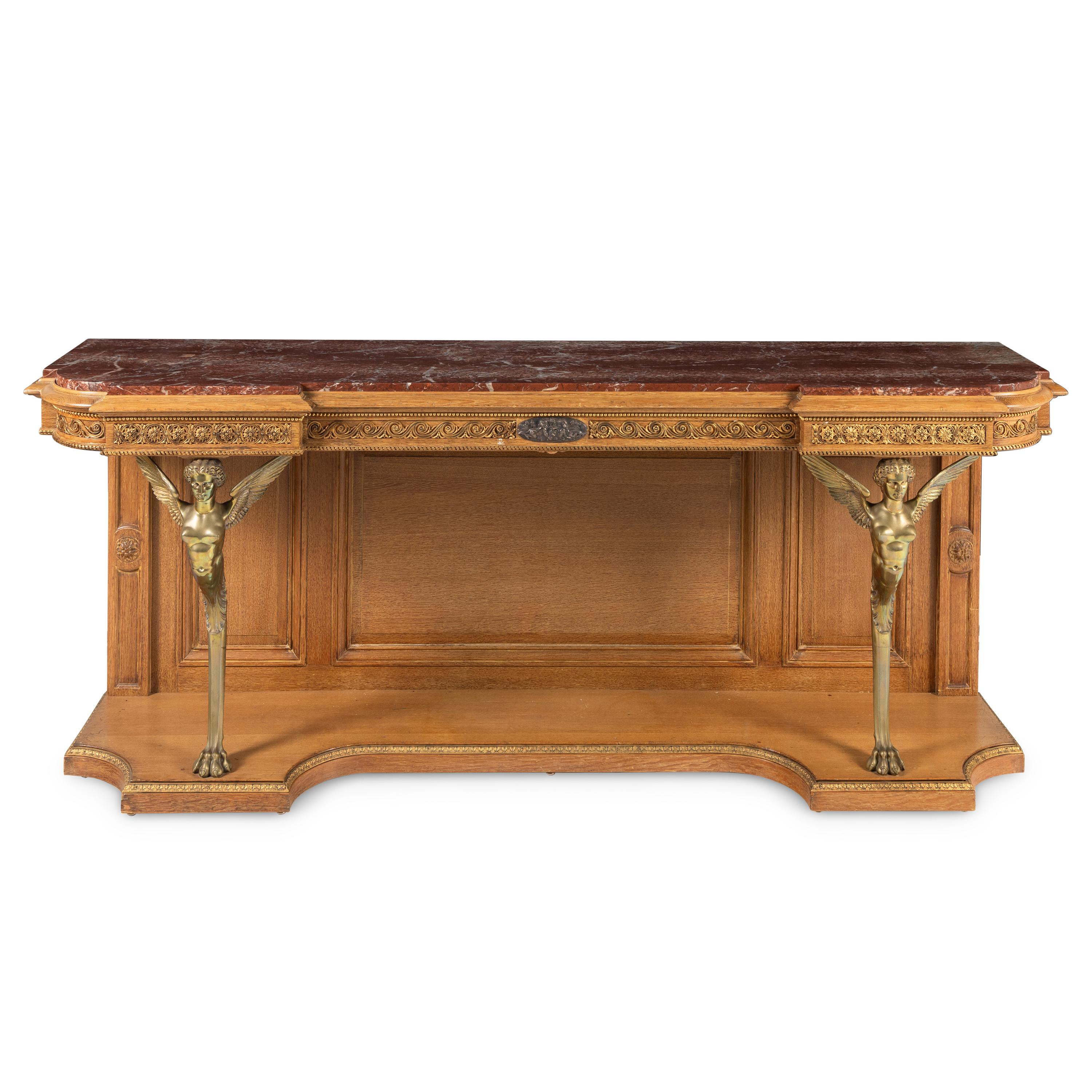 An Empire Style Gilt Bronze Mounted Oak and Rouge Marble-Top Console Desserte