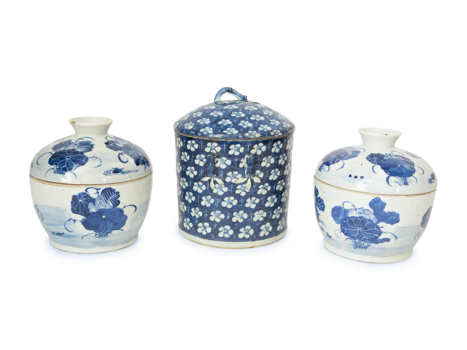 Three Chinese Blue and White Porcelain Covered Jars
