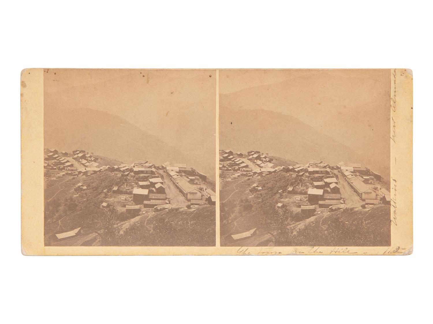 [CALIFORNIA]. WATKINS, CARLETON, photog. Stereoview featuring "The town on the Hill, New Almaden" signed by Watkins.