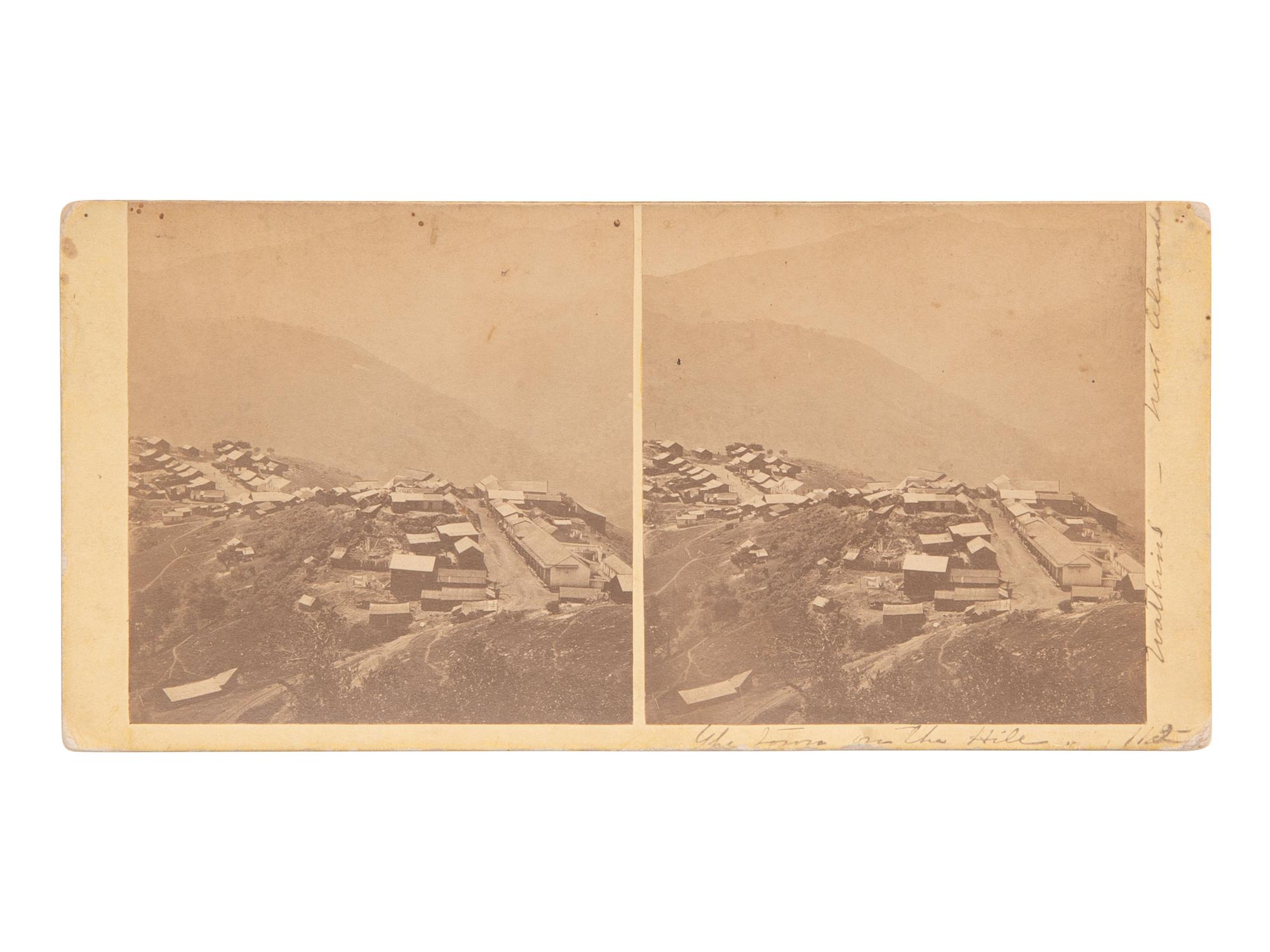 [CALIFORNIA]. WATKINS, CARLETON, photog. Stereoview featuring "The town on the Hill, New Almaden" signed by Watkins.