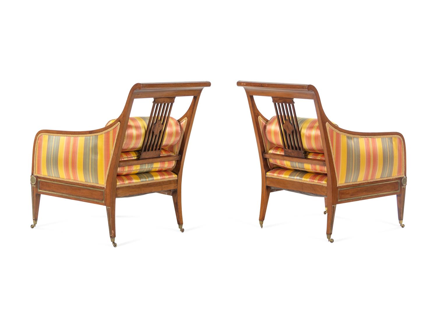 A Set of Four Russian Empire Brass Mounted Mahogany Armchairs