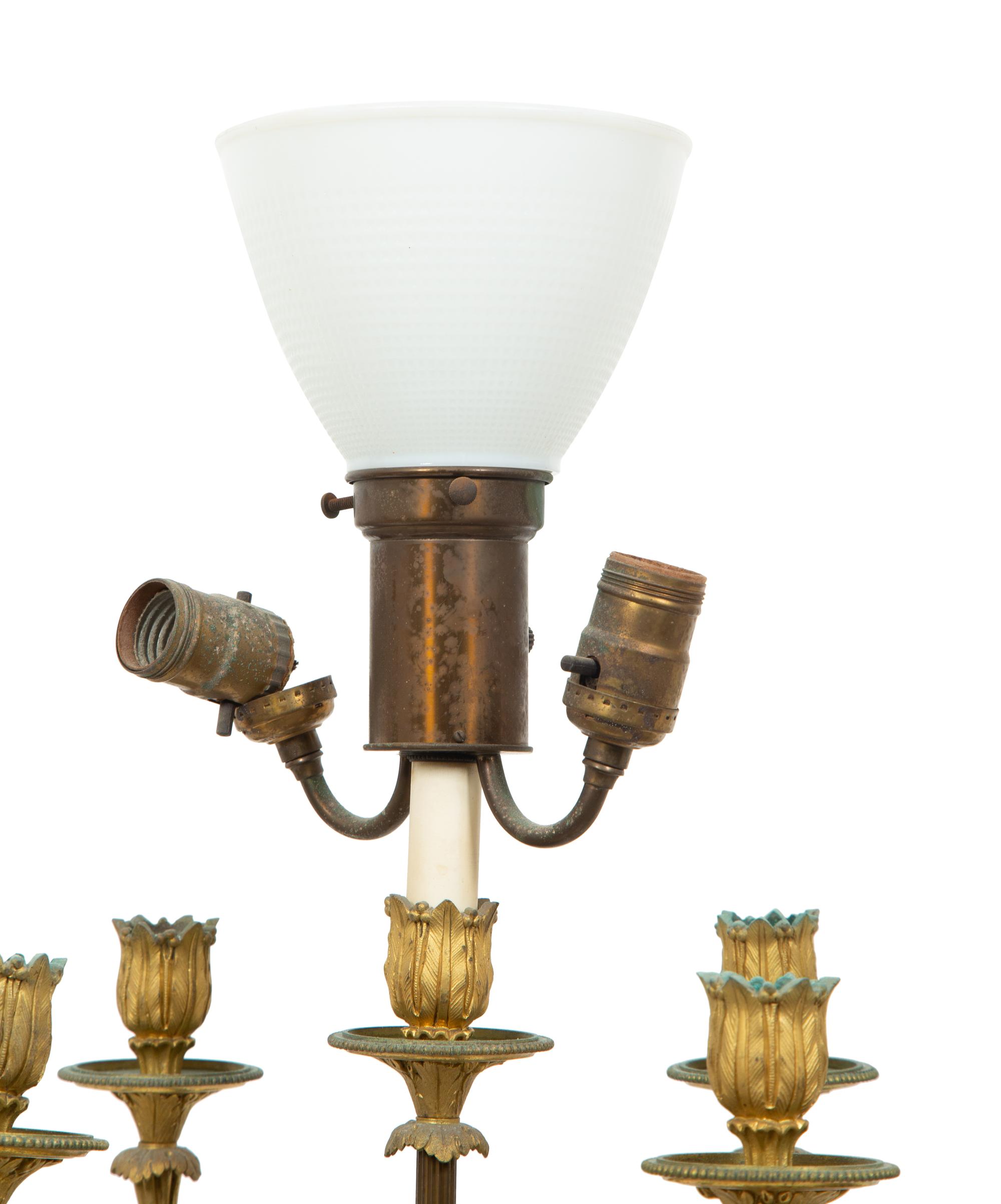 A Pair of Louis XVI Style Gilt and Patinated Bronze Figural Candelabra