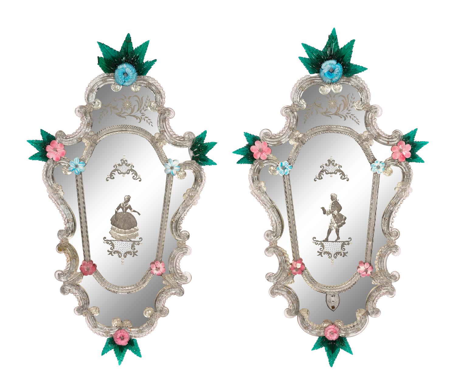 A Pair of Venetian Cartouche Form Etched Glass Girandole Mirrors