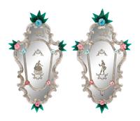 A Pair of Venetian Cartouche Form Etched Glass Girandole Mirrors