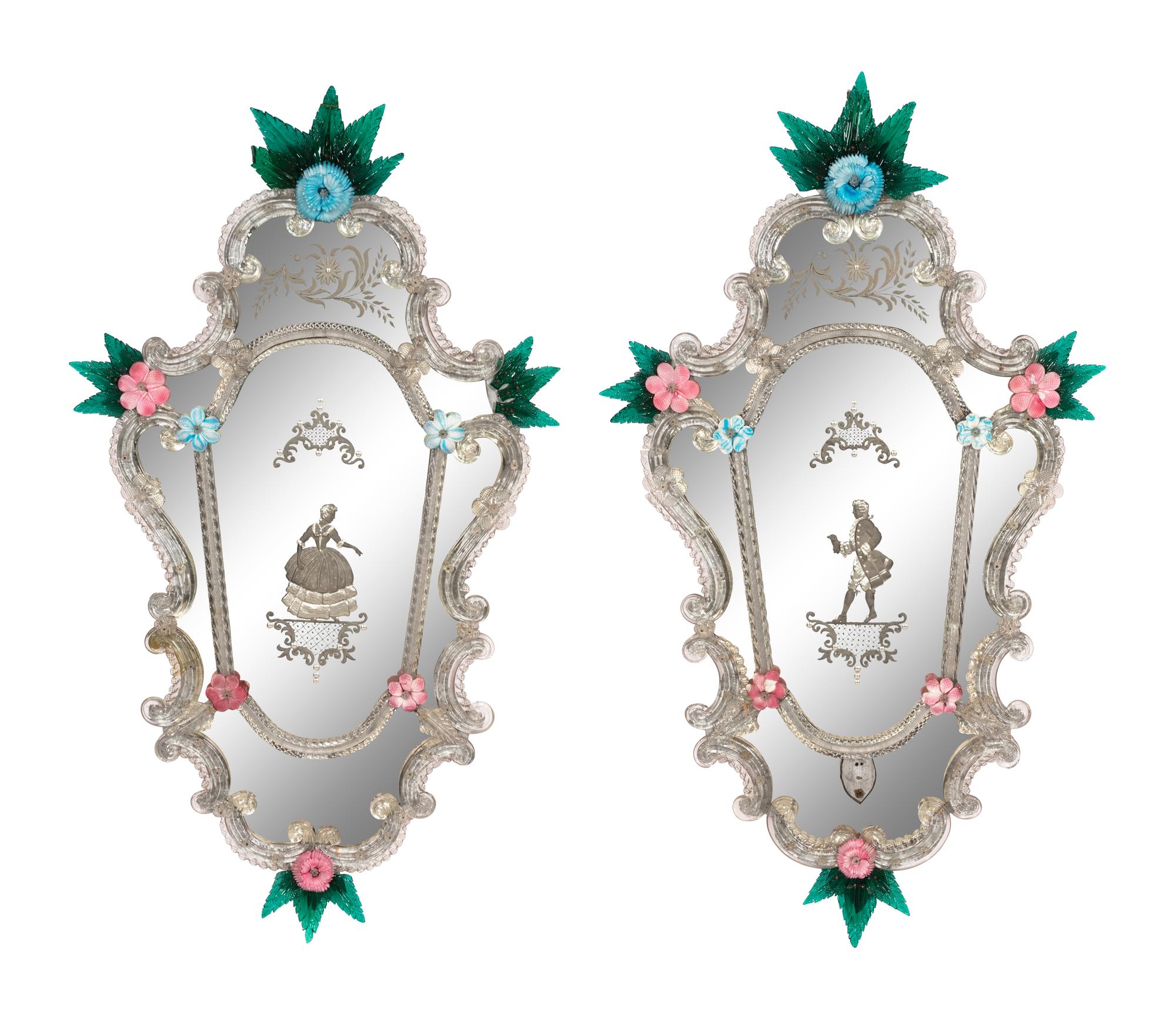 A Pair of Venetian Cartouche Form Etched Glass Girandole Mirrors