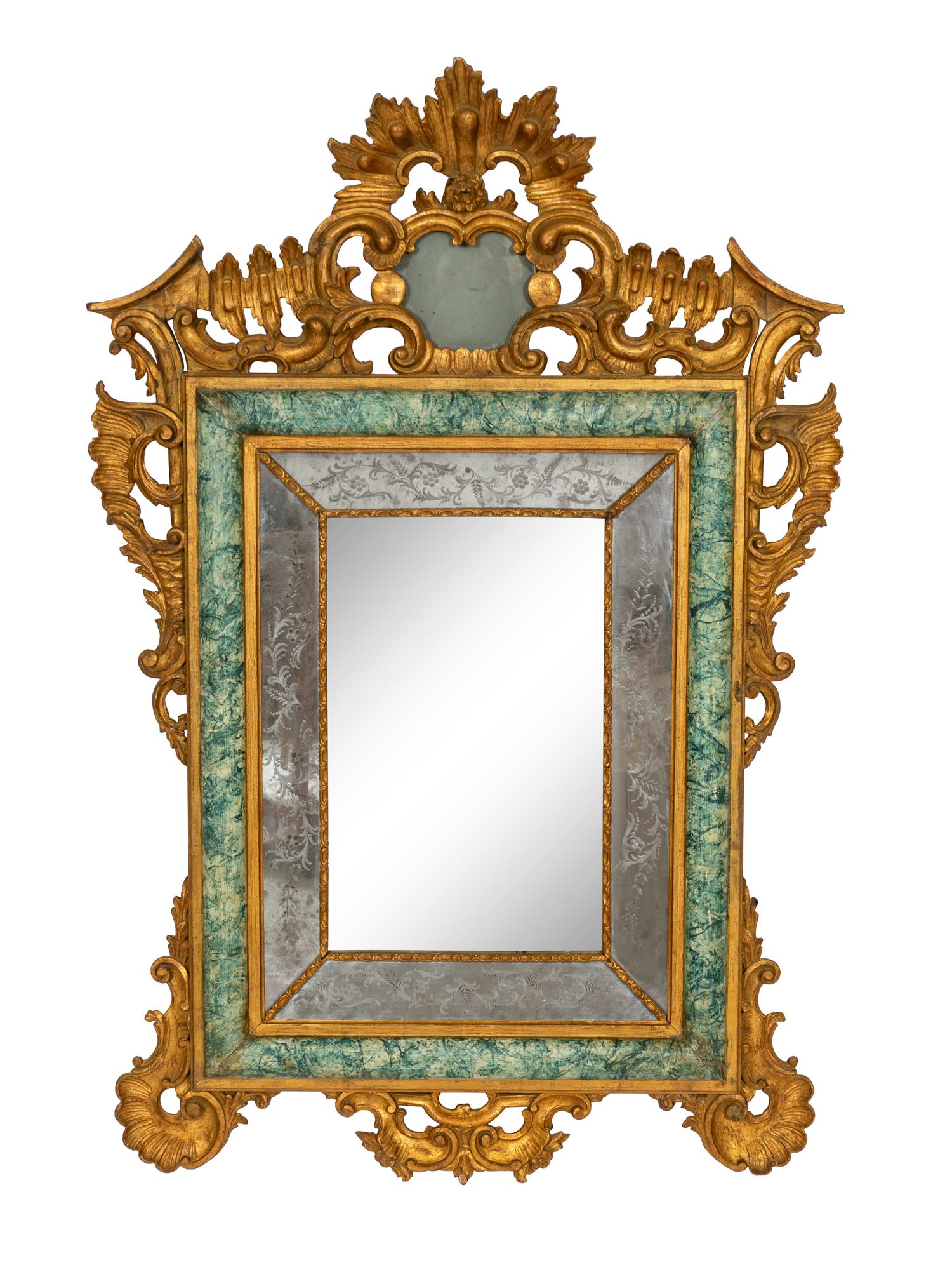 An Italian Baroque Style Giltwood and Simulated Marble-Painted Mirror