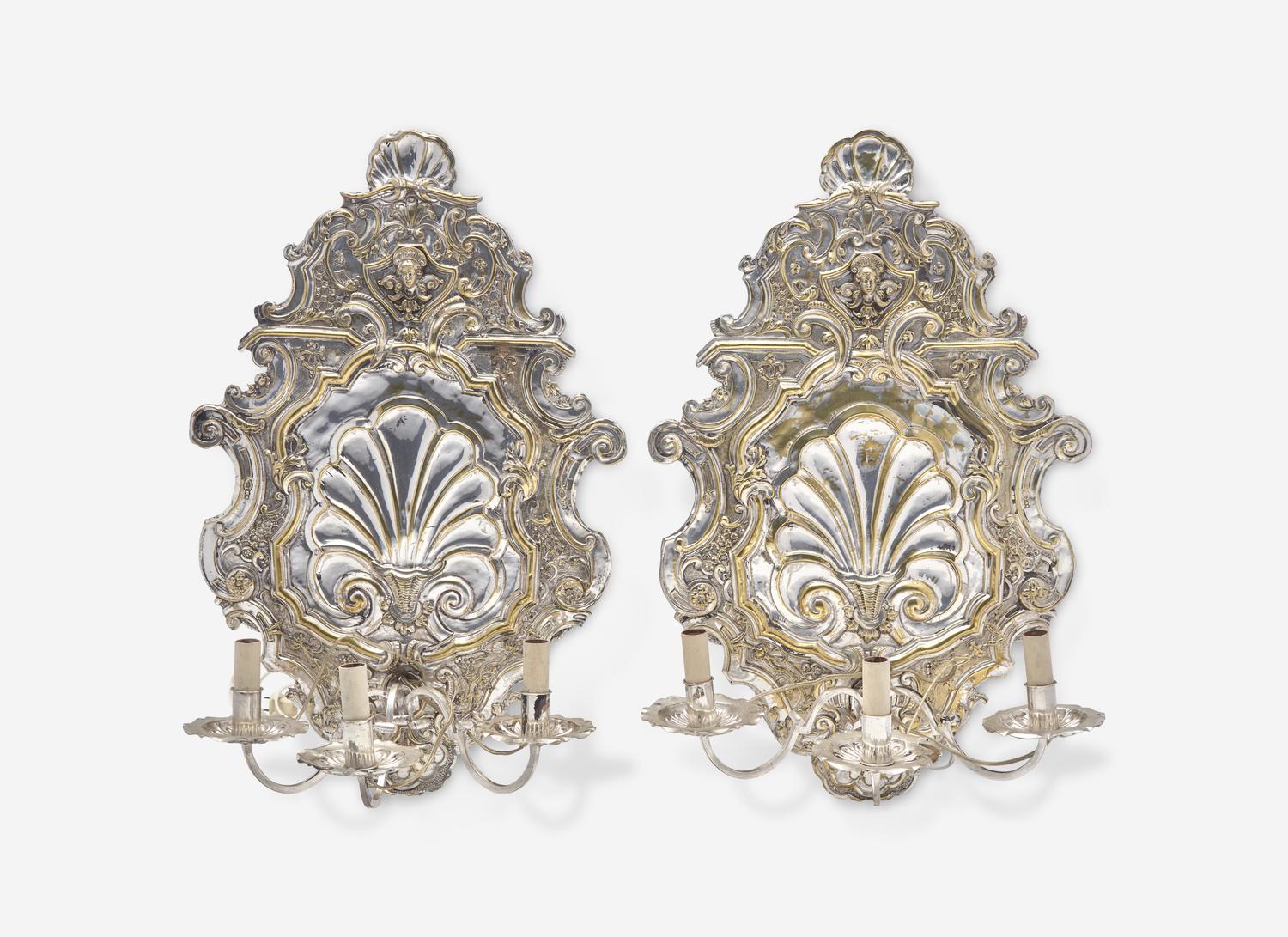 A Pair of William and Mary Style Silver-Plate Cartouche-Form Three-Light Sconces