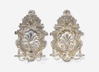 A Pair of William and Mary Style Silver-Plate Cartouche-Form Three-Light Sconces