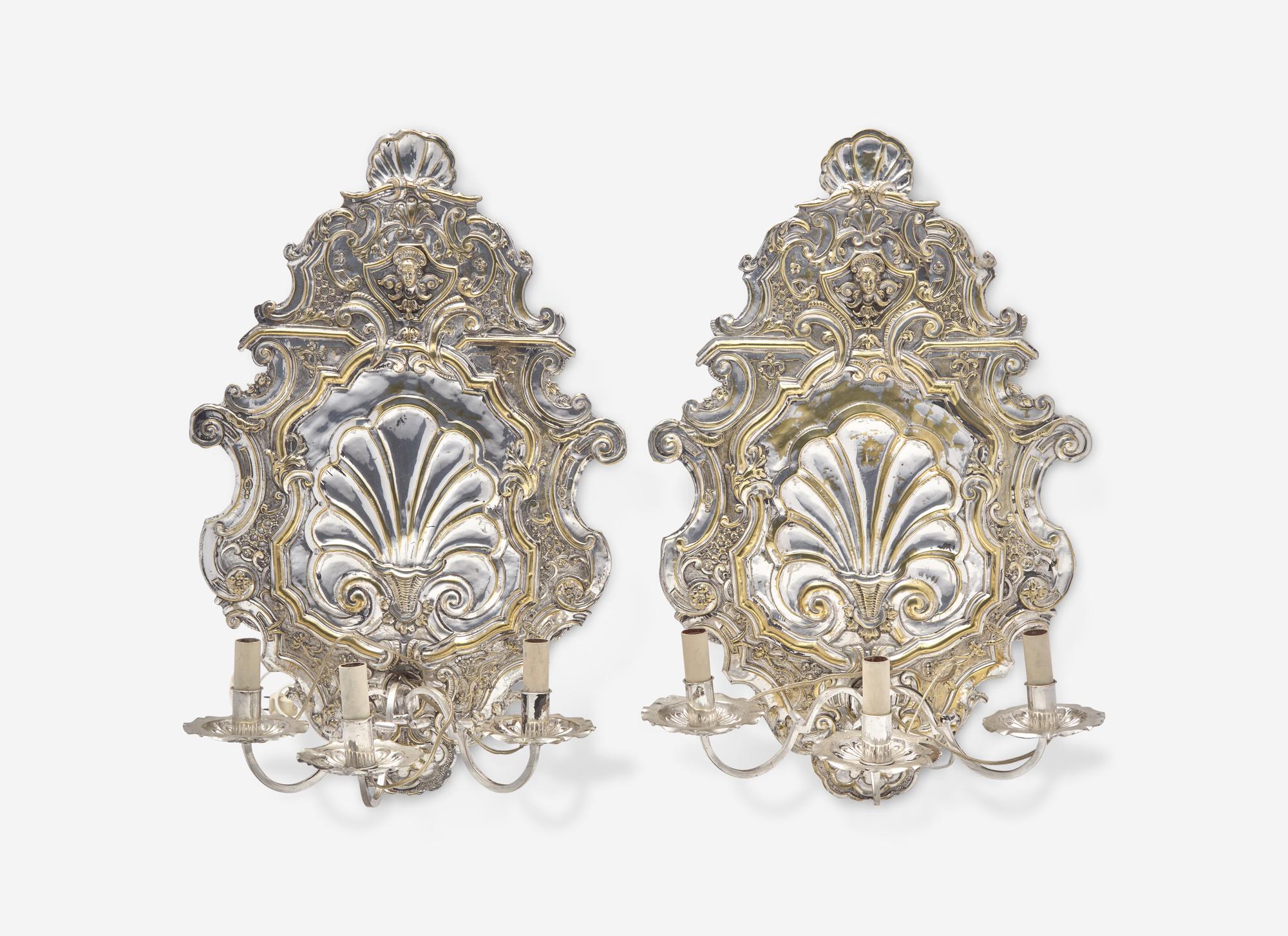 A Pair of William and Mary Style Silver-Plate Cartouche-Form Three-Light Sconces