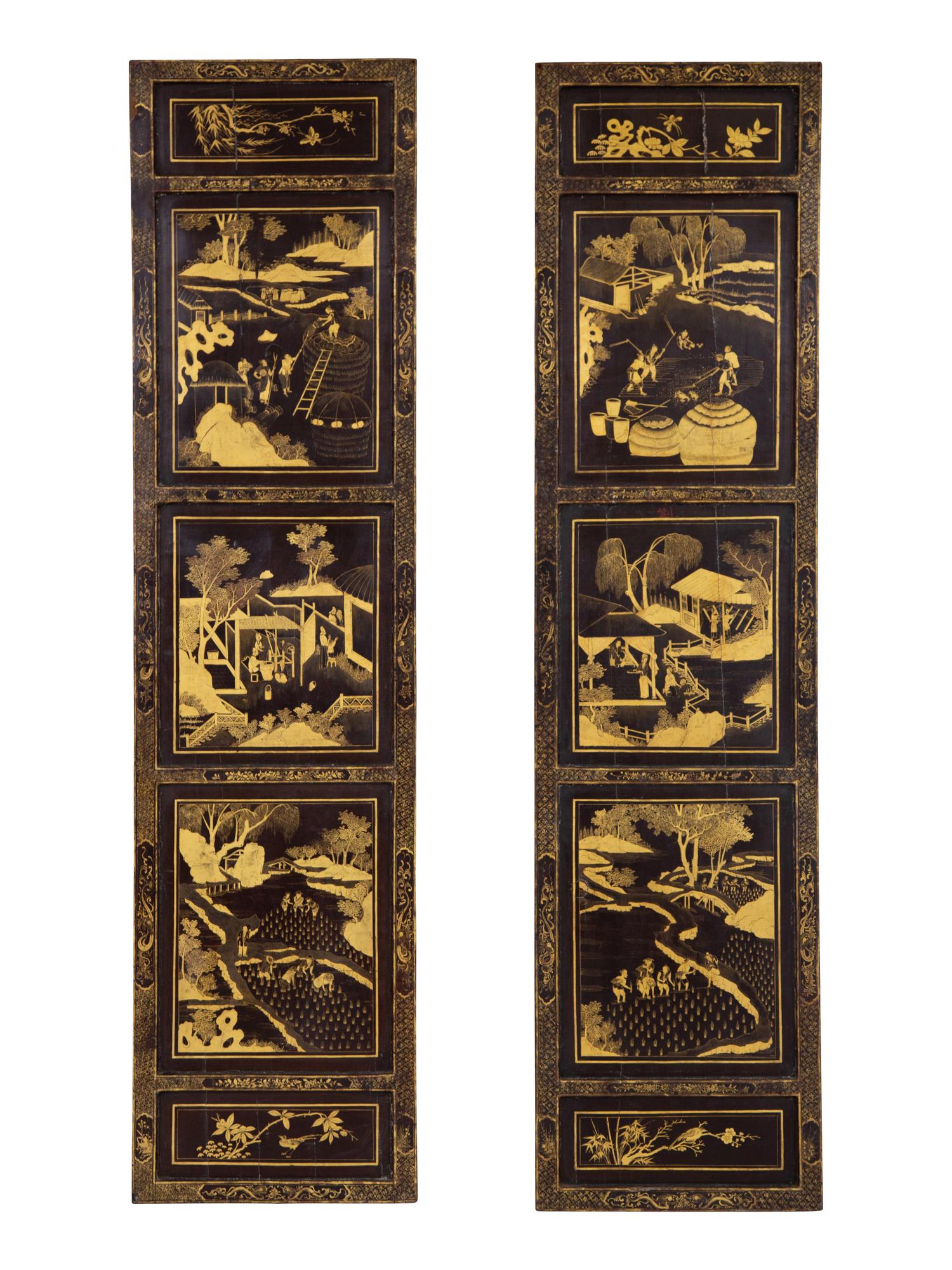 A Pair of Chinese Polychrome-Decorated Lacquered Wall Panels