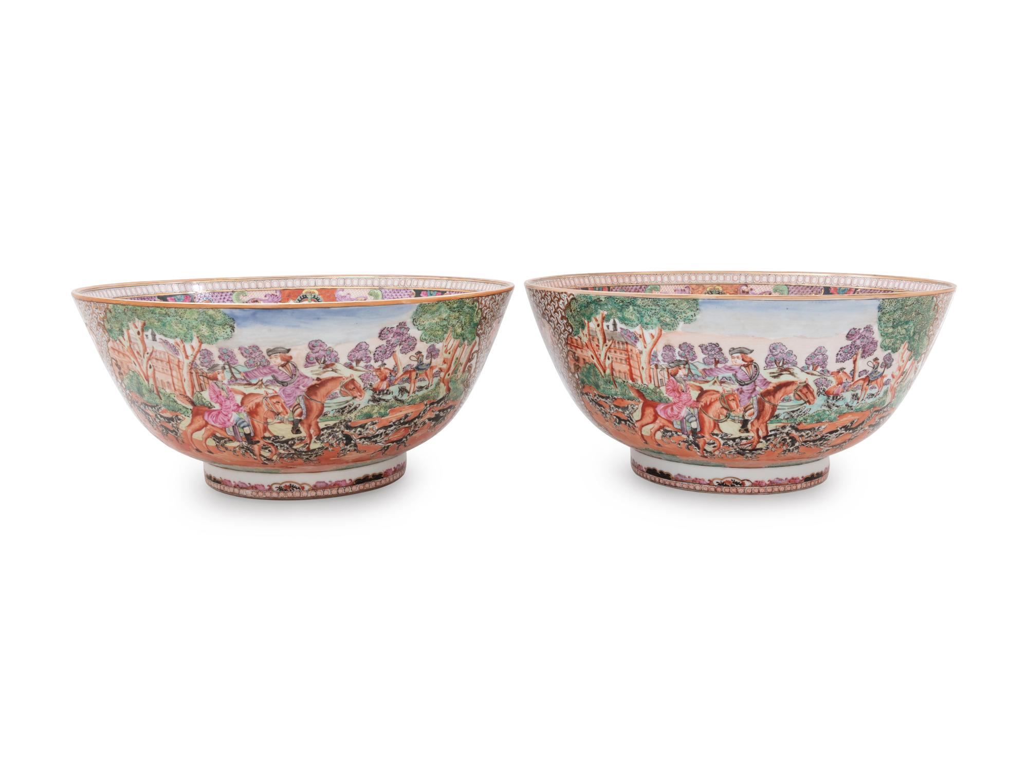 Two Chinese Export Famille Rose Porcelain 'Hunt' Punch Bowls