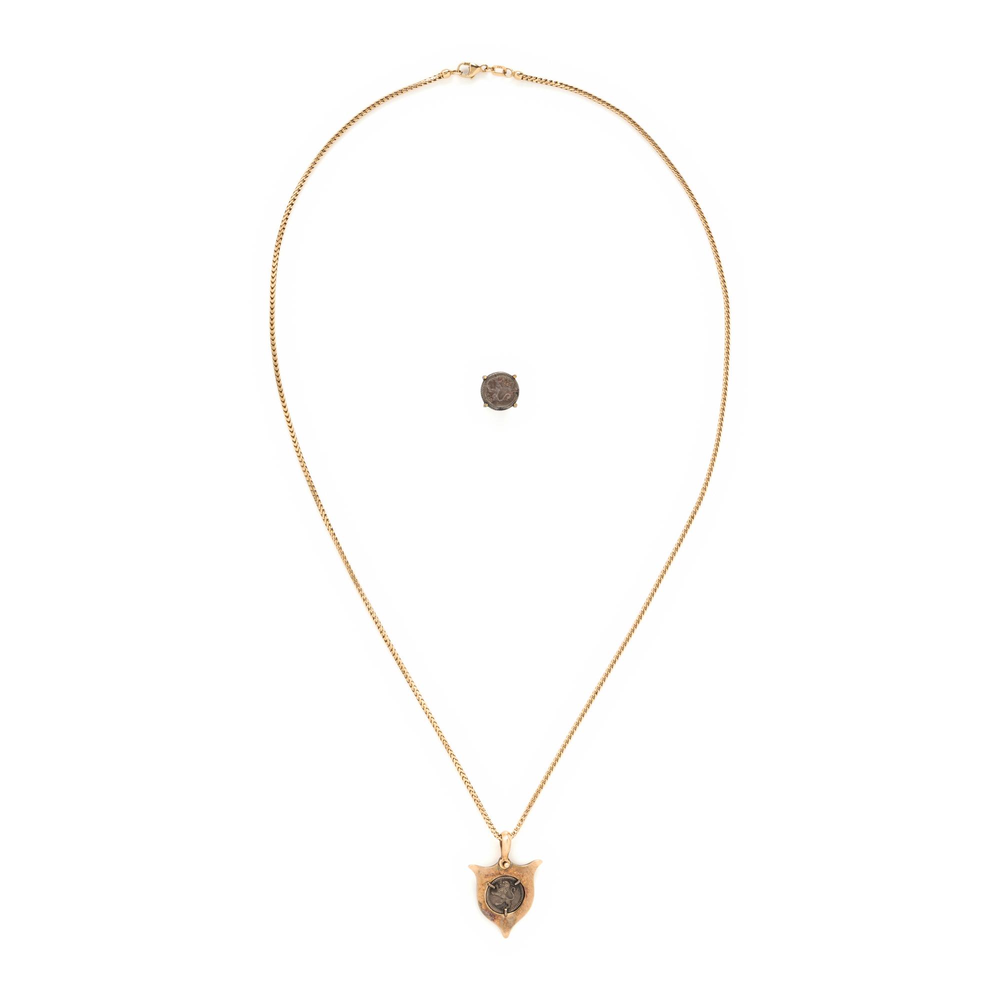 Silver Coin and Yellow Gold Necklace and Earring
