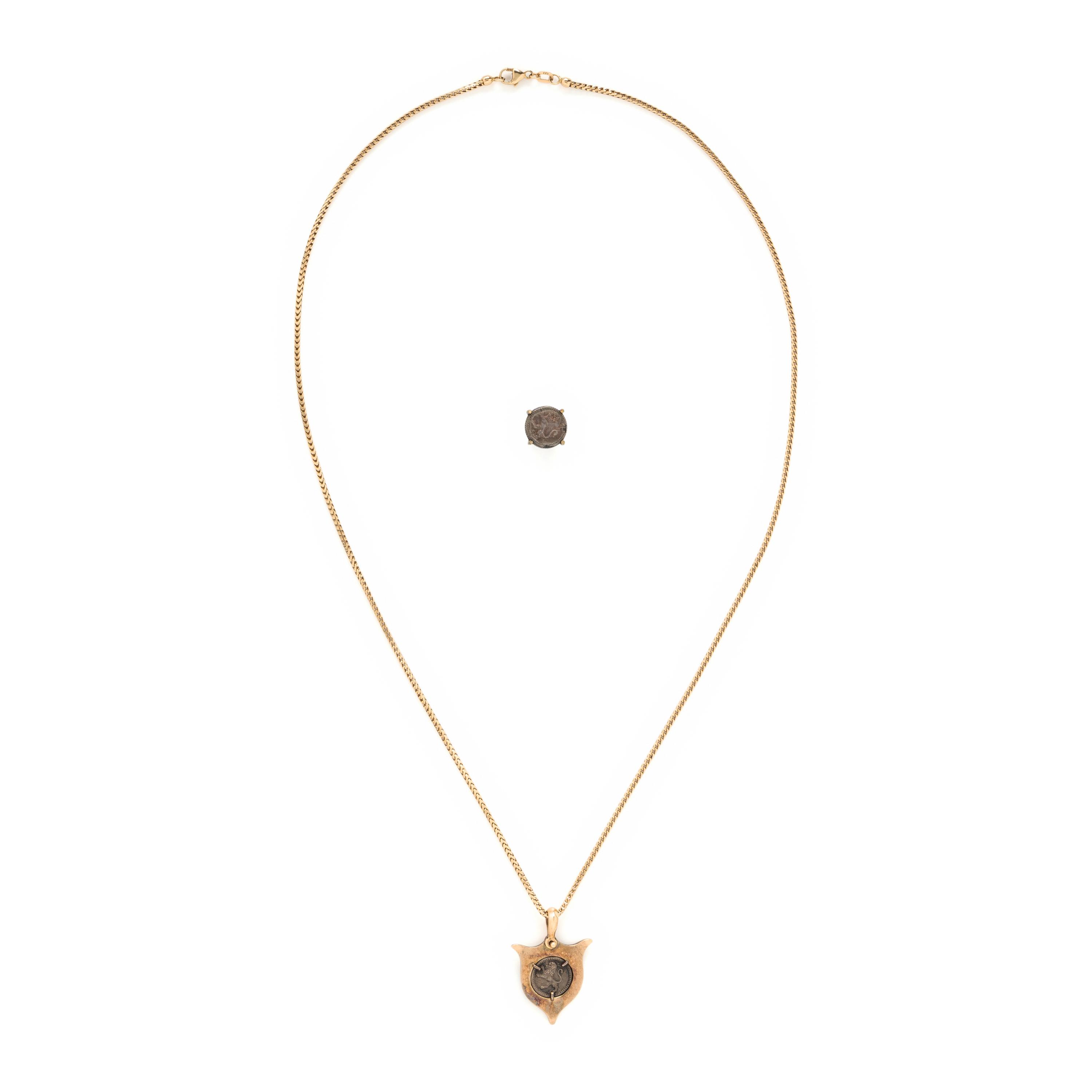 Silver Coin and Yellow Gold Necklace and Earring