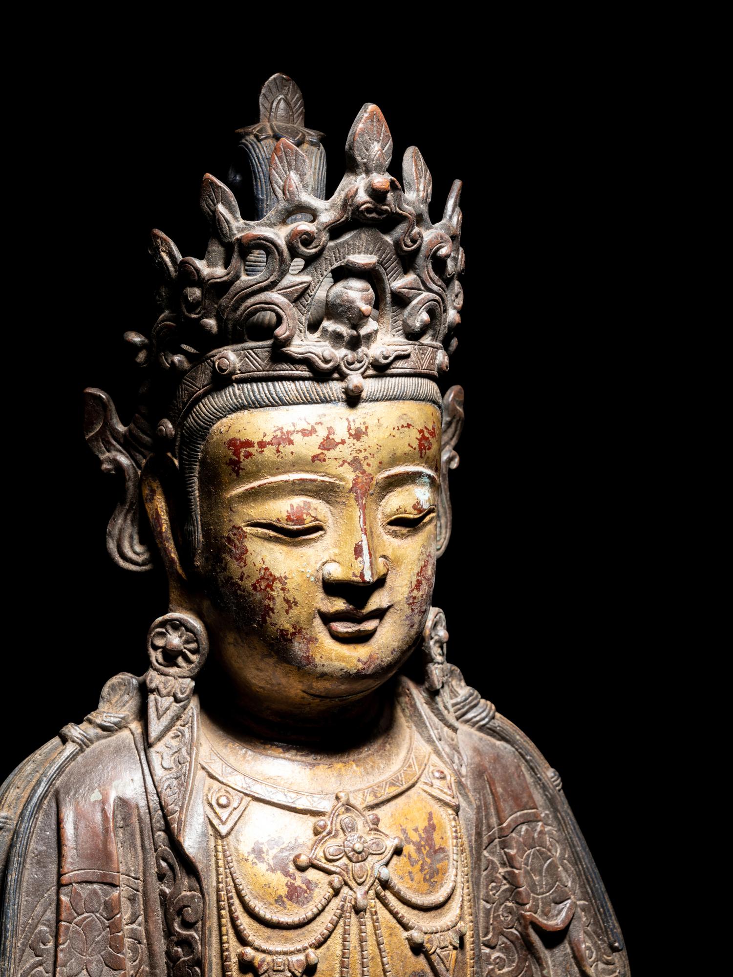 A Chinese Partial Gilt Bronze Figure of Guanyin