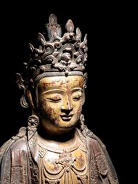 A Chinese Partial Gilt Bronze Figure of Guanyin